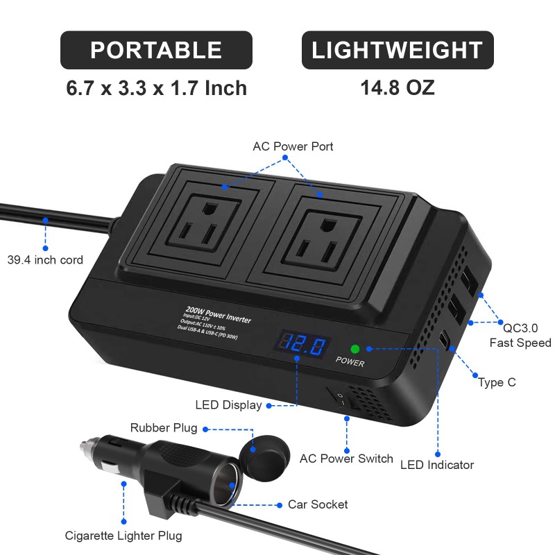Outdoor Power Adapter Usb C - 200W 차량용 인버터 전력 변환기, 2개의