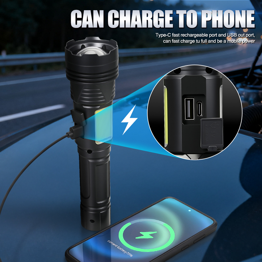 강력한 LED 휴대용 손전등 USB 충전식 전술 줌 토 - Outdoor Power Works 리뷰 및 가격